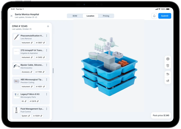 Alcon iPad interface — surgical kit builder