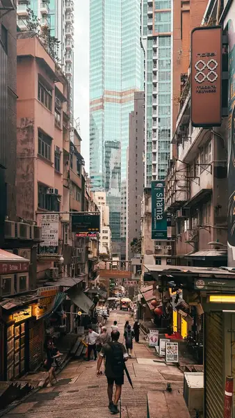 A market street running between the towers