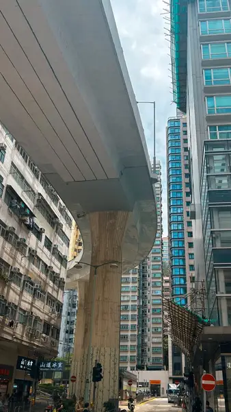 An elevated road cutting past the blocks