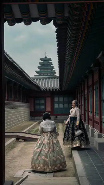 Hanbok in a palace courtyard, Gyeongbokgung
