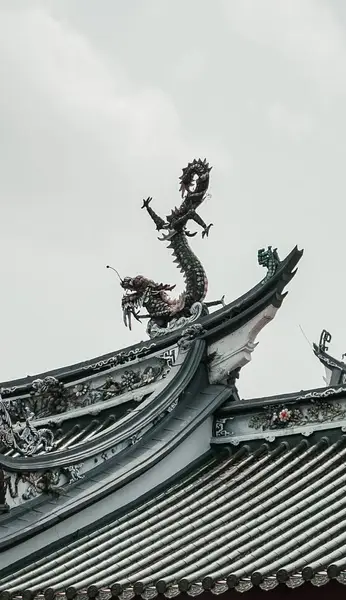 A dragon along the ridge of a temple roof